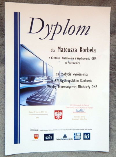 Dyplom dla Mateusza Korbela.JPG